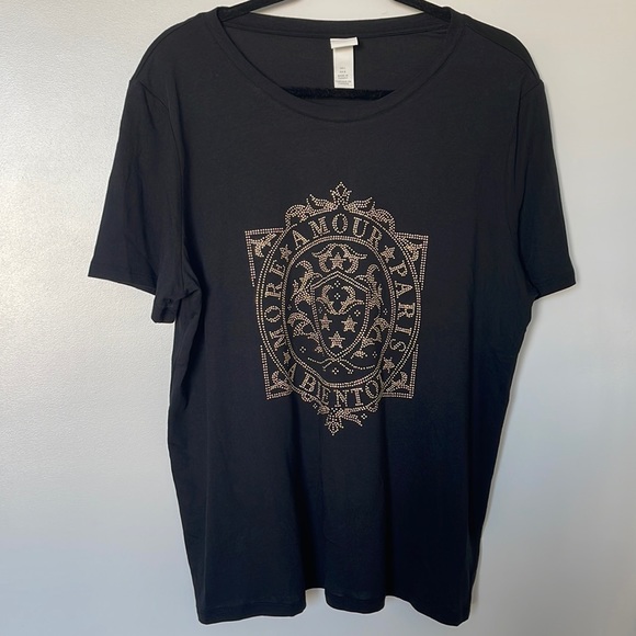 H&M BLACK AND GOLD JEWELED GRAPHIC SHORT SLEEVE TEE SHIRT TOP - Picture 1 of 5